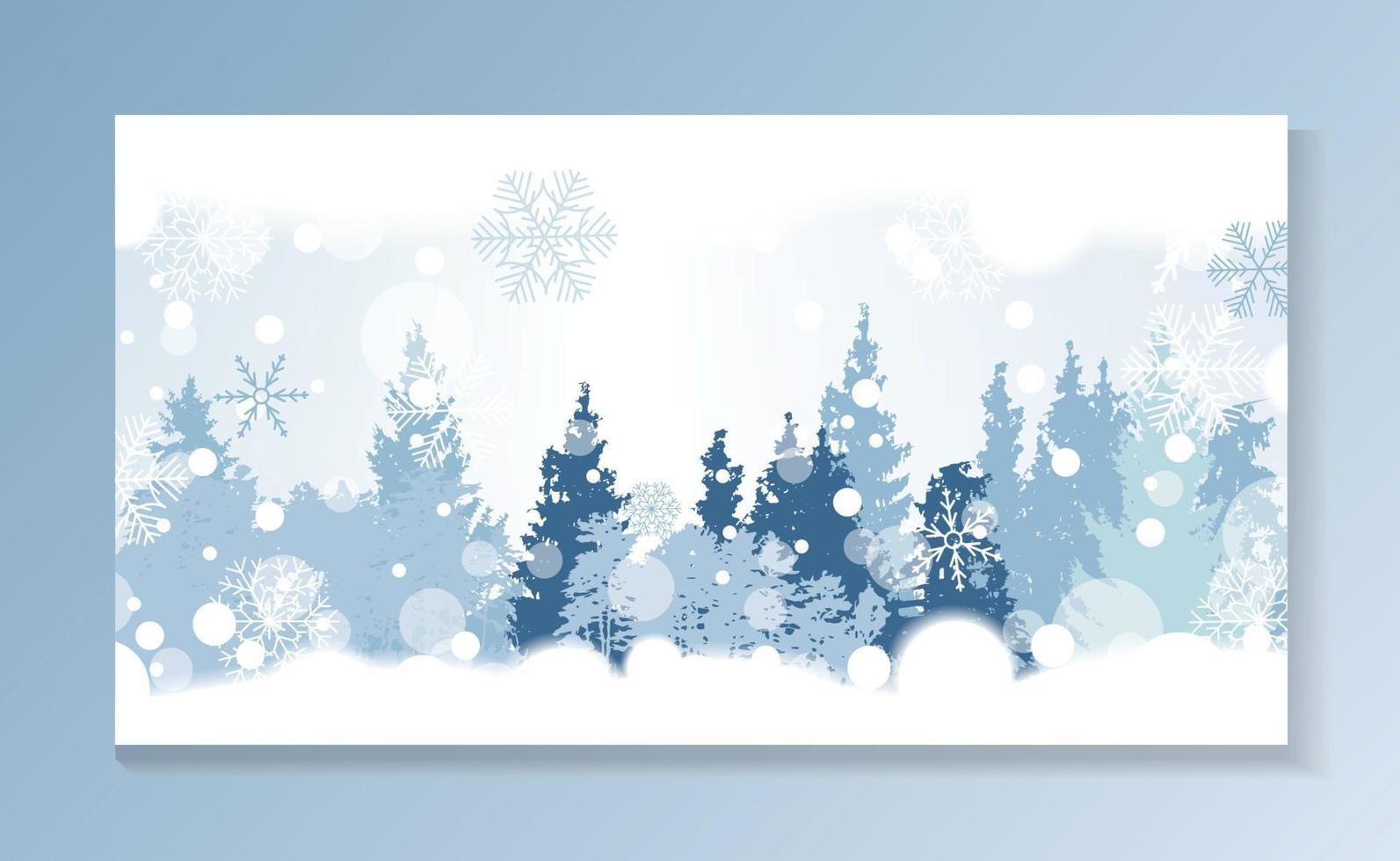 Christmas Snowflakes on Background with a silhouette of trees. Vector Illustration.