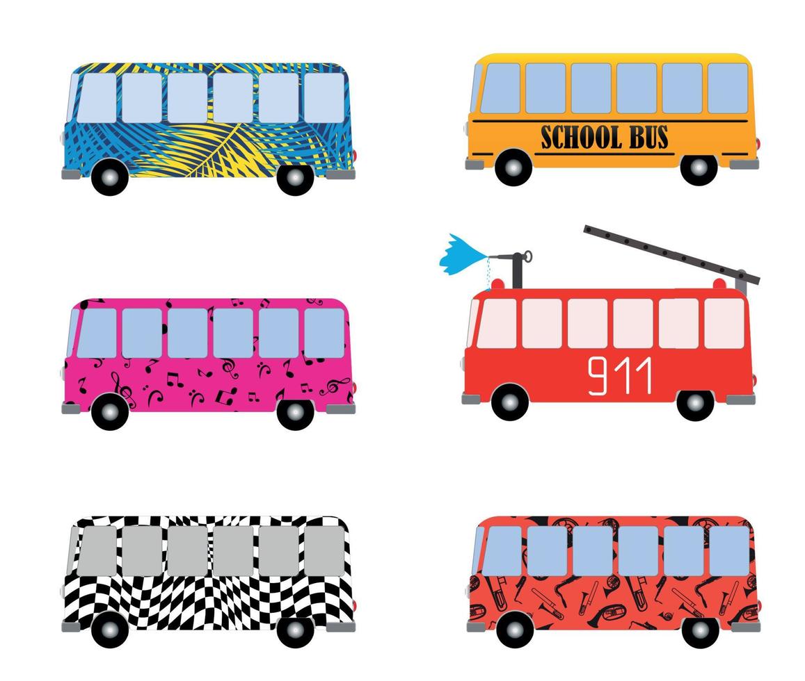 Set of Hand-Drawn Buses for Vacation, School, Fire truck and Musical. Vector Illustration.