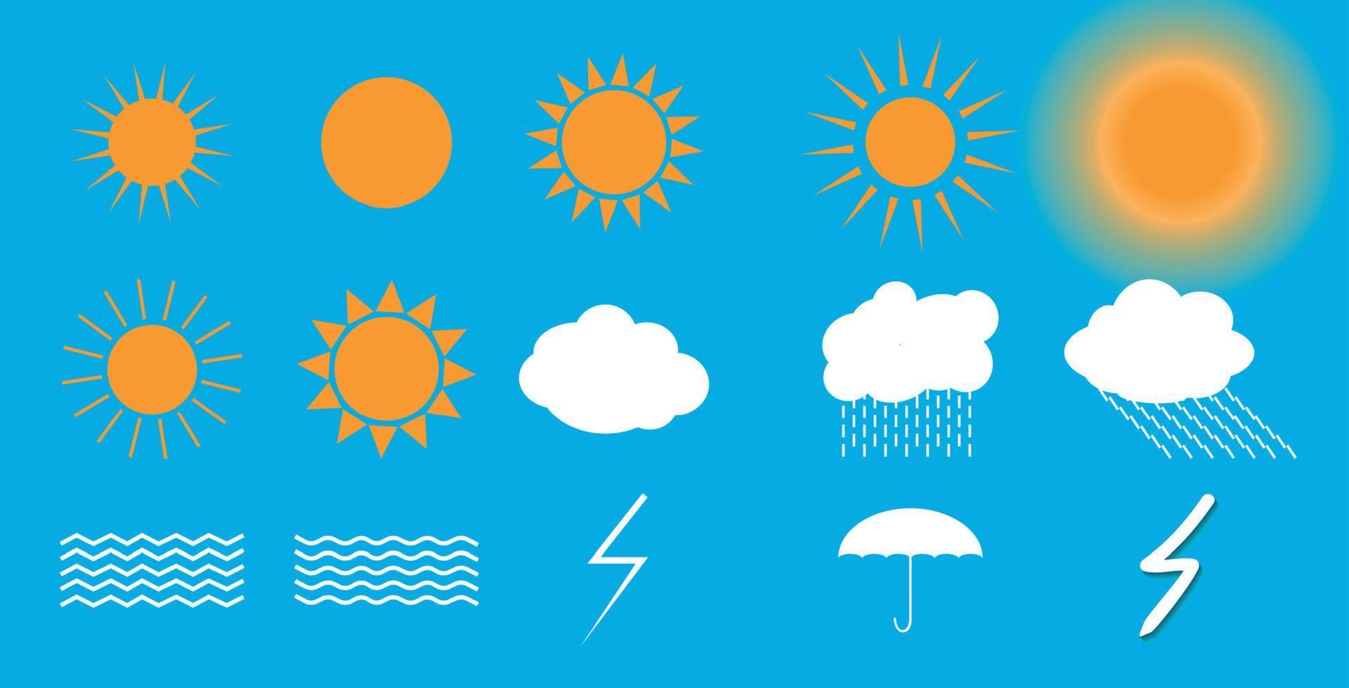 Set of symbols Sun, Clouds, Thunderstorm, Umbrella. Vector Illustration.