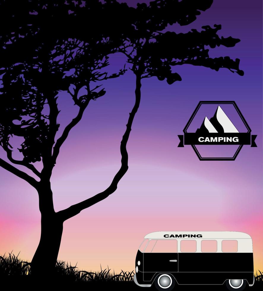 Cartoon Minibus in Nature a Tree Silhouette. Vector Illustration