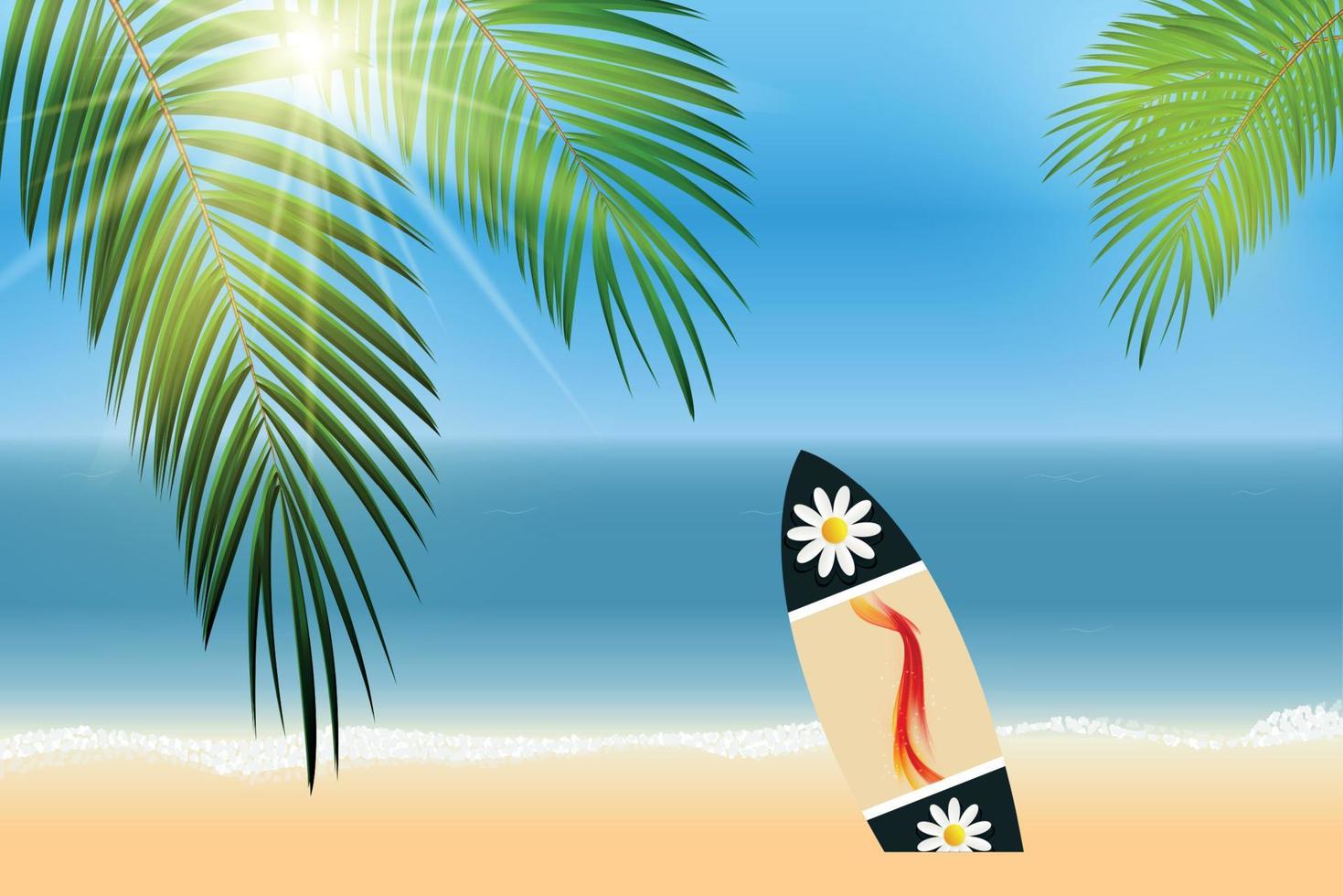 palmeras, mar, sol, playa y tablas de surf. ilustración vectorial. vector