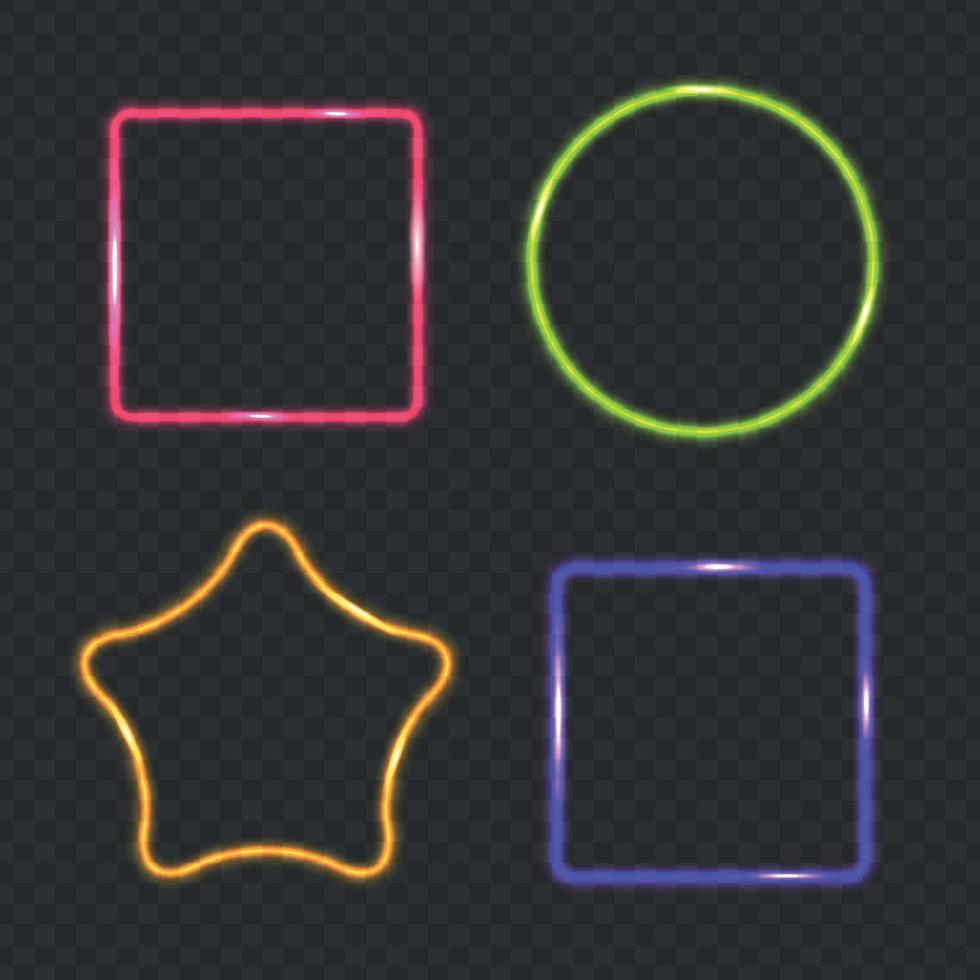 Neon Frame, Rectangular, Star and Round Buttons on Checkered  Abstract Transparent Background. Vector Illustration