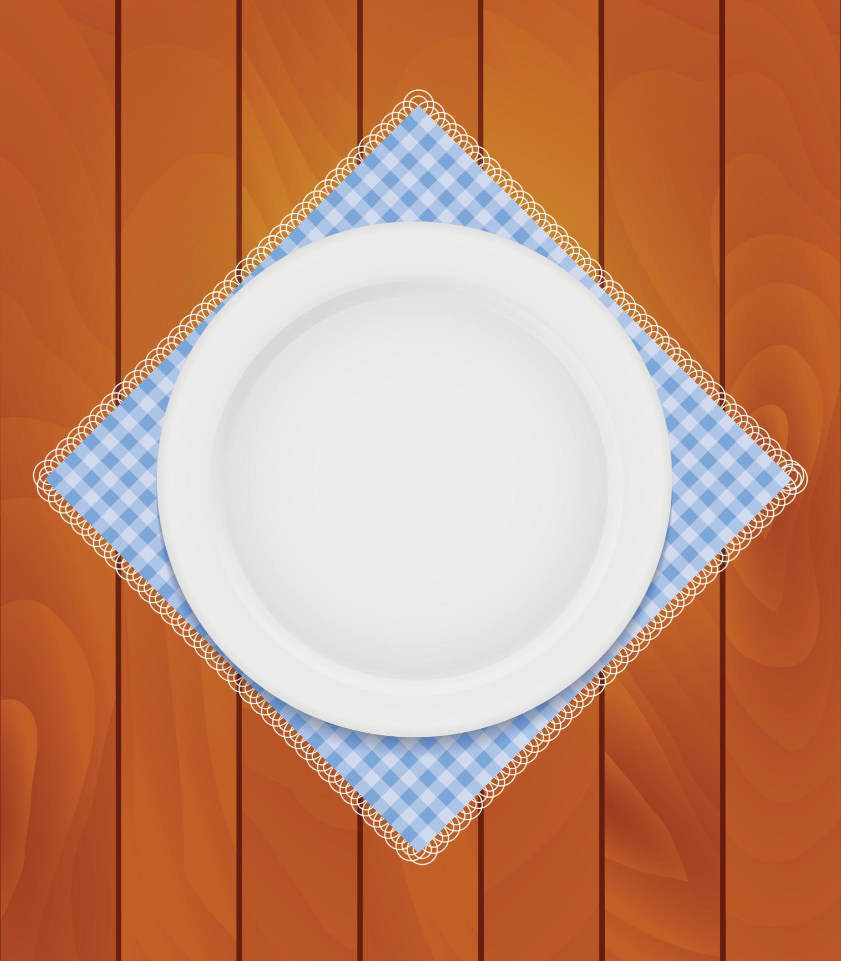White Eppty Plate on Kitchen Napkin at Wooden Boards Background Vector