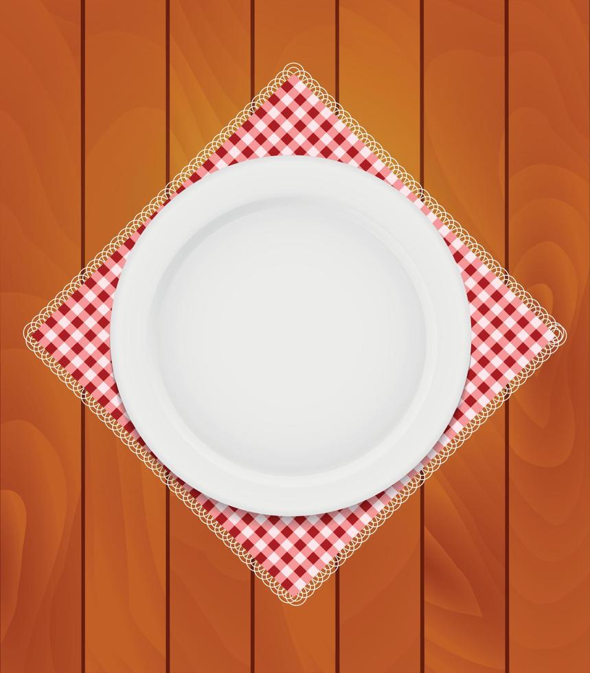 Placa eppty blanca en la servilleta de cocina en la ilustración de vector de fondo de tablas de madera