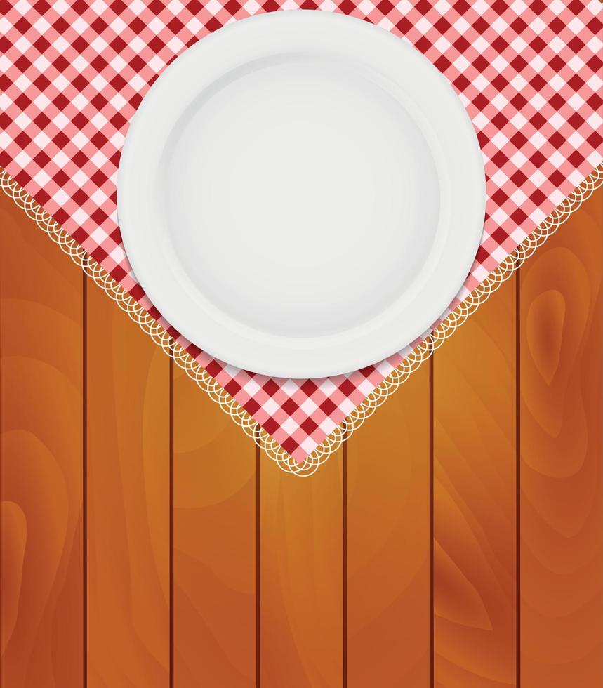 White Eppty Plate on Kitchen Napkin at Wooden Boards Background Vector Illustration