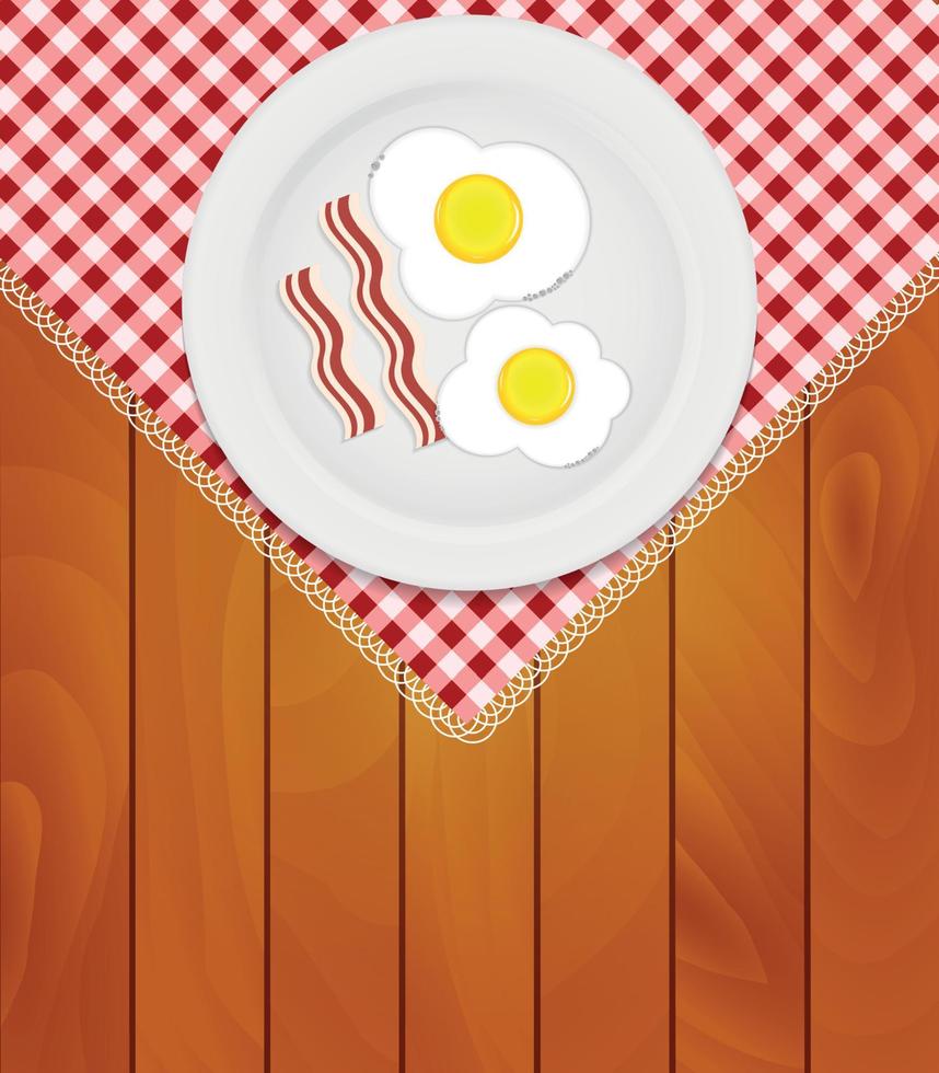 Plato blanco con huevos fritos en una servilleta de cocina en la ilustración de vector de fondo de tablas de madera