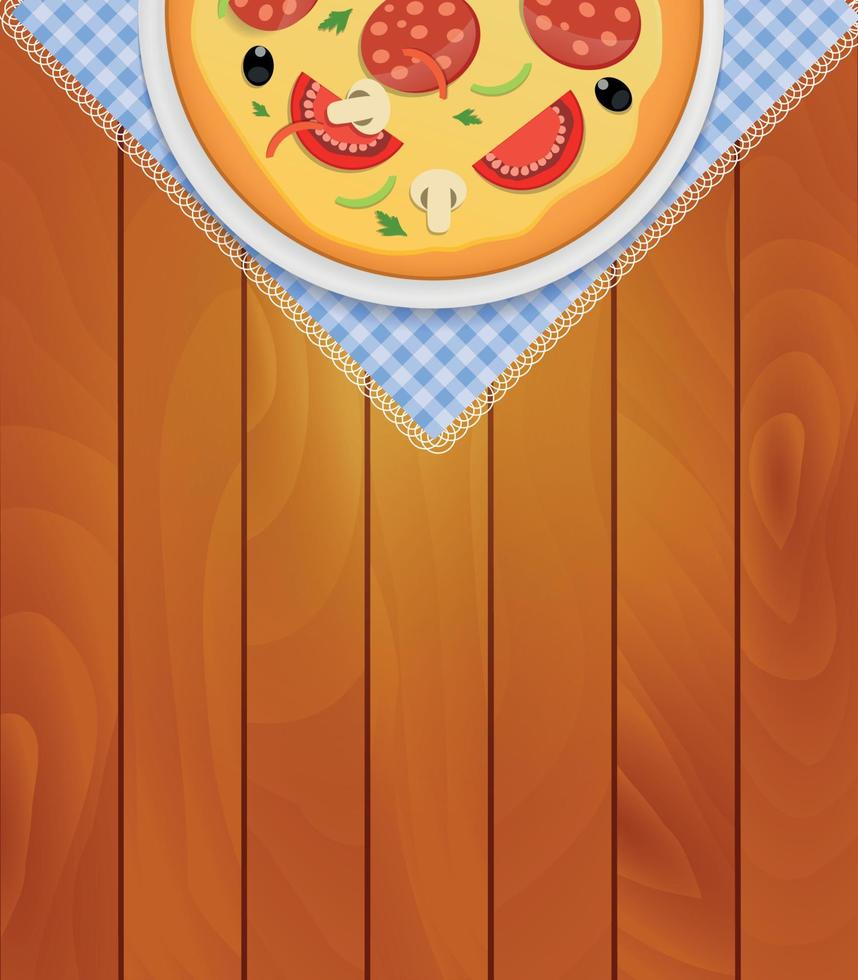 Pizza in White Plate on Kitchen Napkin at Wooden Boards Background Vector Illustration