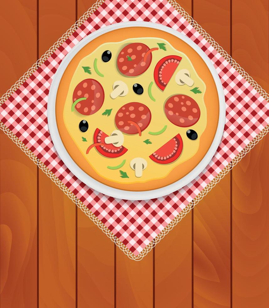 Pizza in White Plate on Kitchen Napkin at Wooden Boards Background Vector Illustration