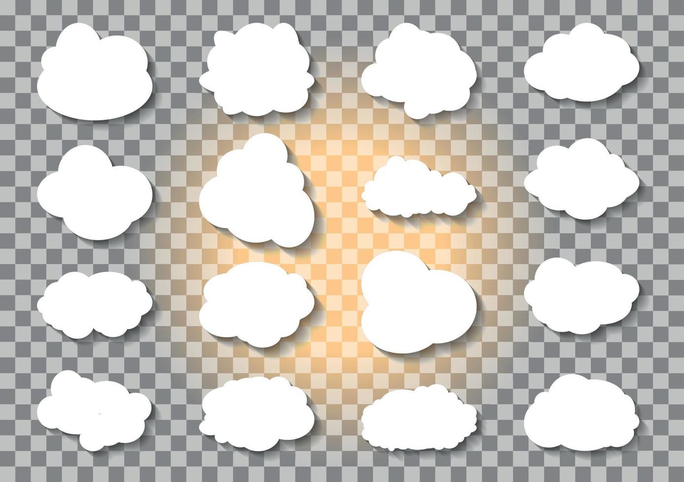 Set of different Cloud and Sun  on transparent background. Vector Illustration