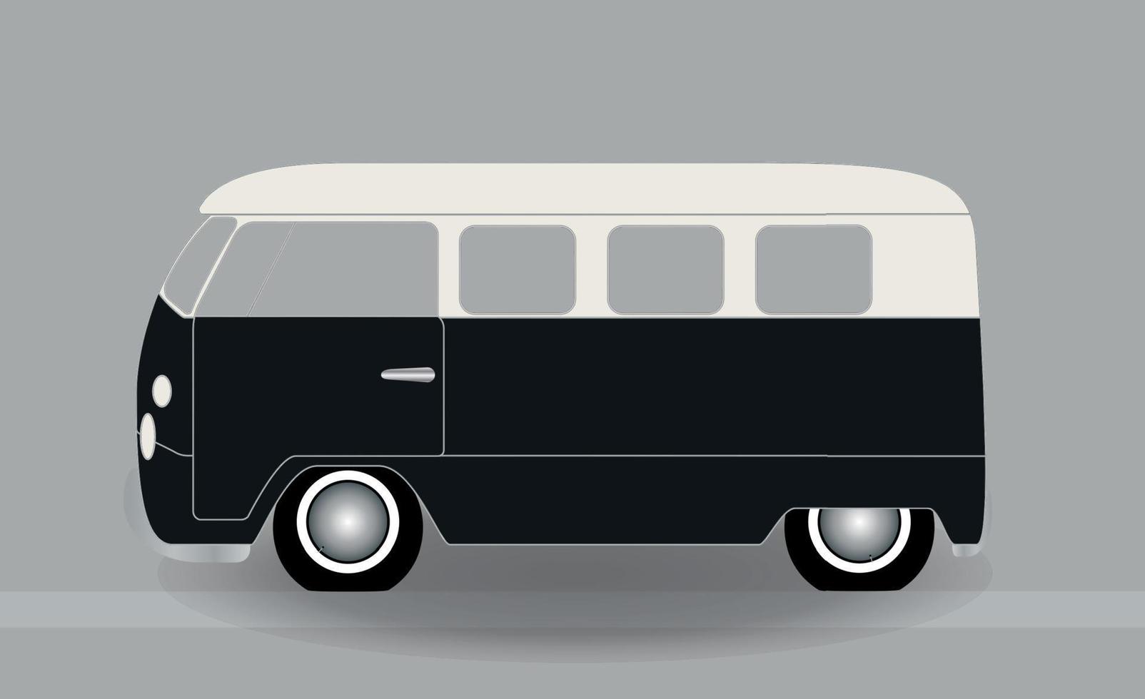 Cartoon cheerful minibus, which travels on the road. Vector Illustration.