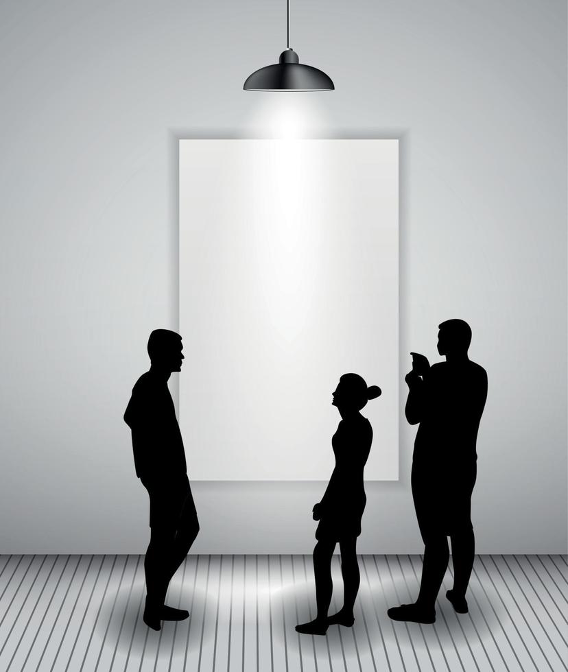 silueta de personas en segundo plano con lámpara de iluminación y marco mire el espacio vacío para su texto, objeto o anuncio. ilustración vectorial. vector