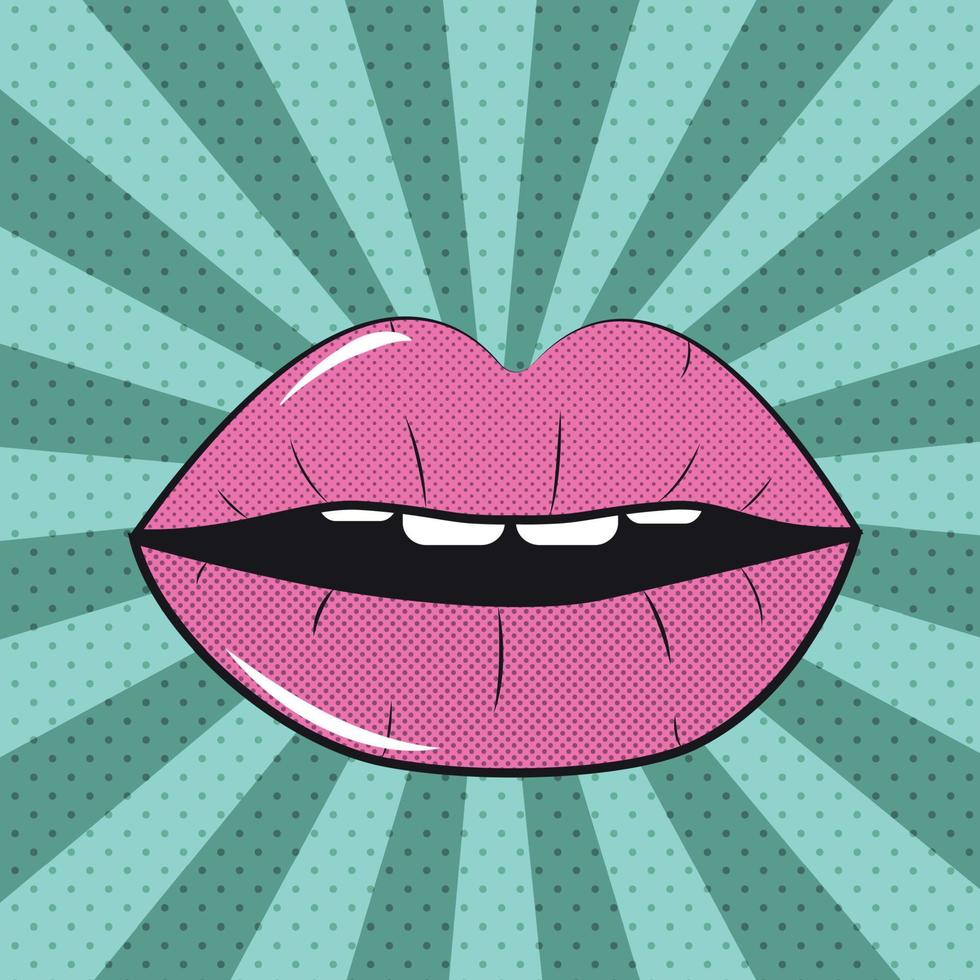 Open Red Lips Pop Art Background On Dot Background Illustration vector