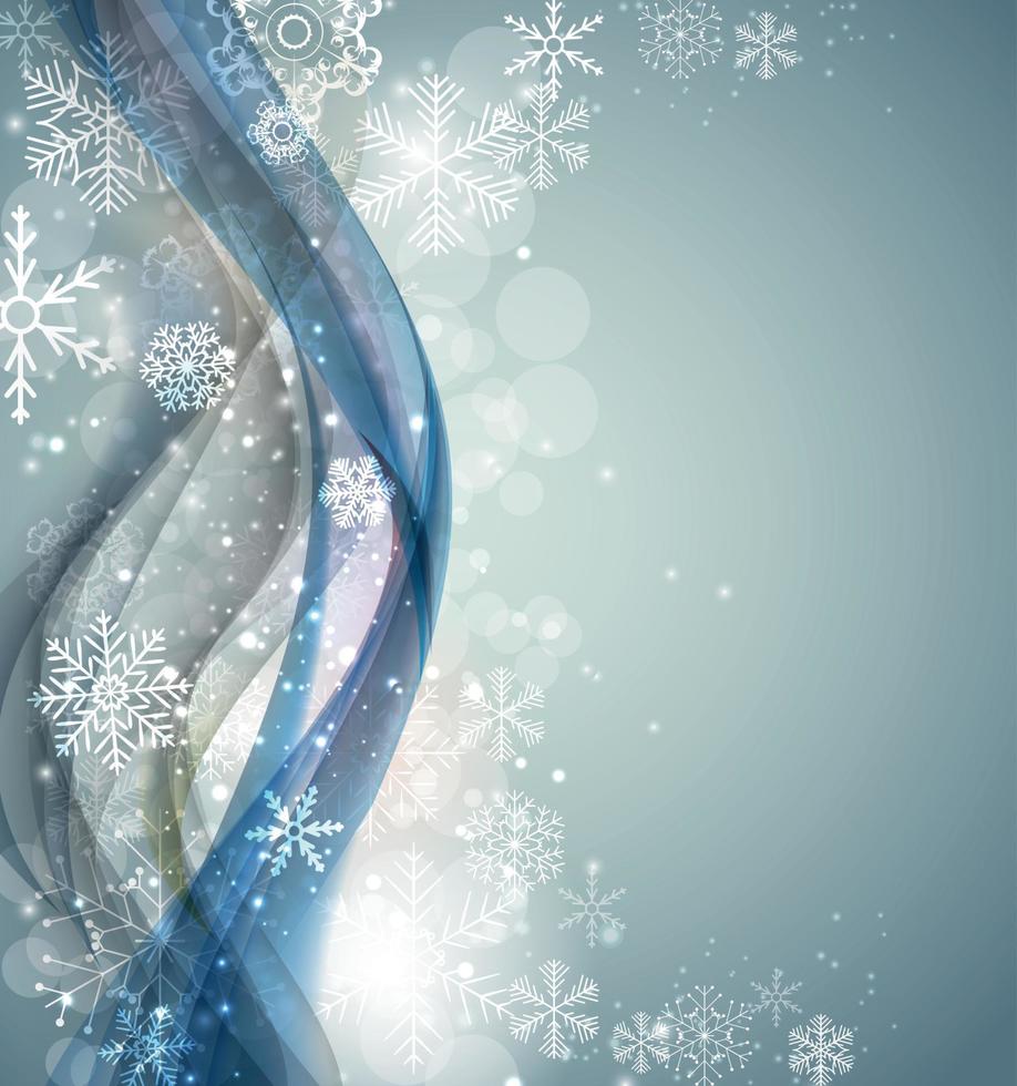Abstract Christmas and New Year Wave Background with Lights and Snowflakes. Vector Illustration