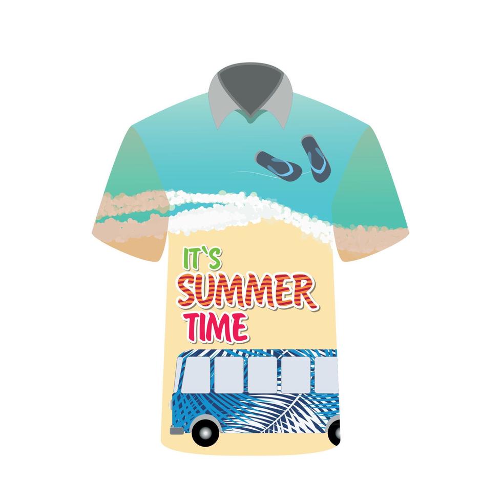 T-shirt with image of sea, bus for trip to rest. Vector Illustration.