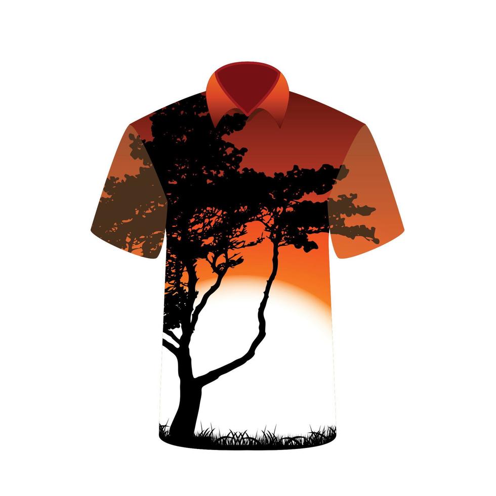 T-shirt with the image of tree and sunset. Vector Illustration.