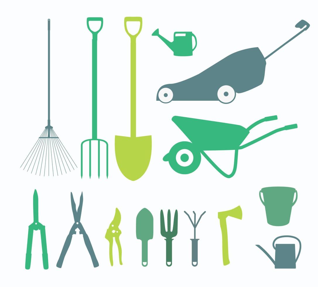 Garden Tools, Instruments Flat Icon Collection Set. Shovel, bucket, rake, secateurs, scissors, wheelbarrow and watering vector