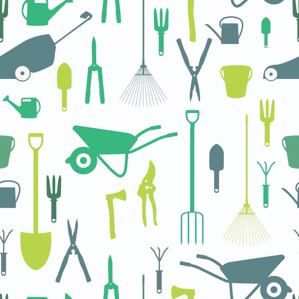 Garden Tools, Instruments Flat Icon Collection Set. Shovel, bucket, rake, secateurs, scissors, wheelbarrow and watering. Seamless Pattern Background vector