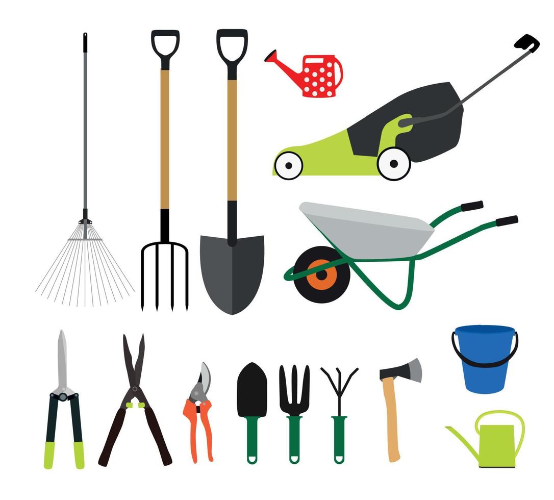 Garden Tools, Instruments Flat Icon Collection Set. Shovel, bucket, rake, secateurs, scissors, wheelbarrow and watering vector