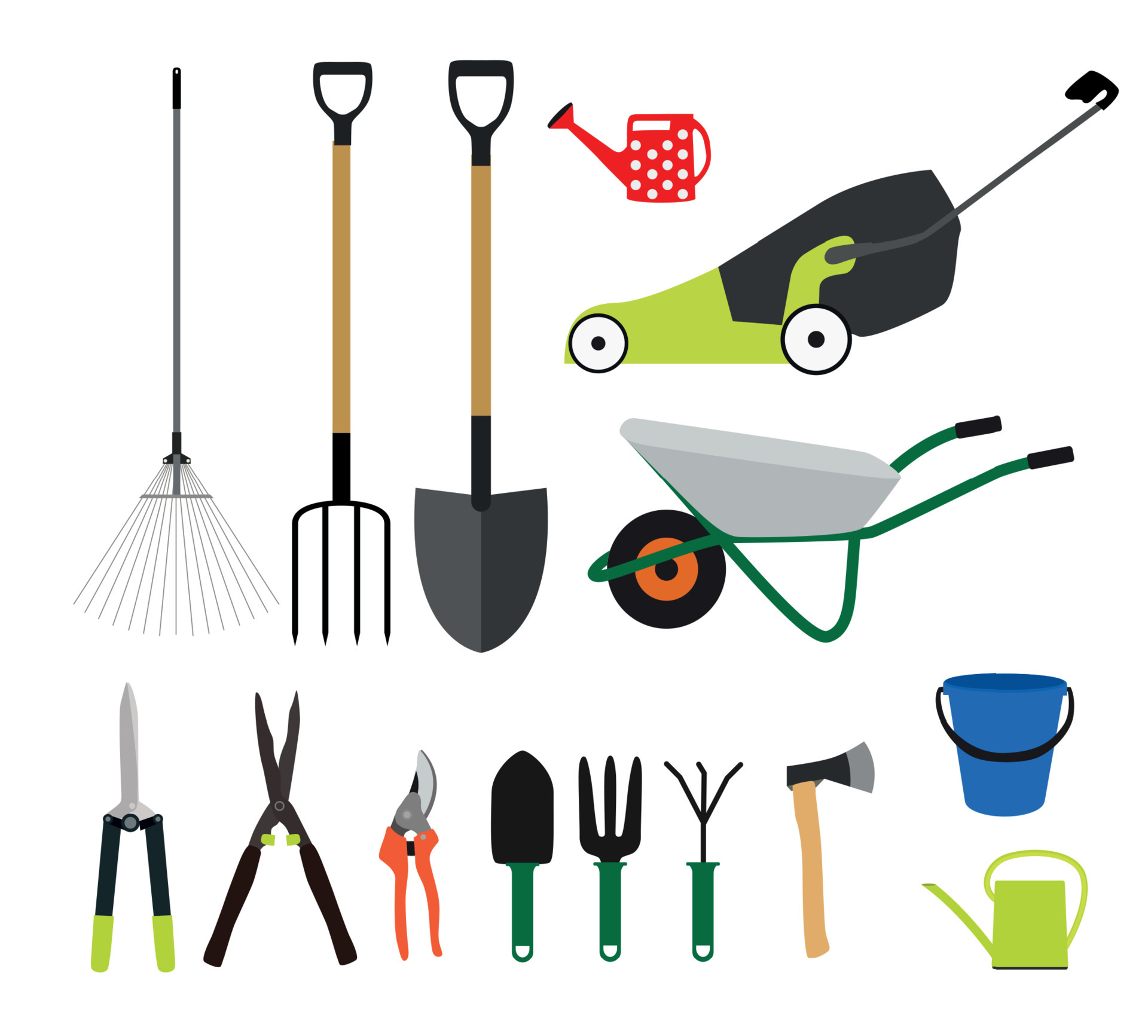 Garden Tools, Instruments Flat Icon Collection Set. Shovel, bucket ...