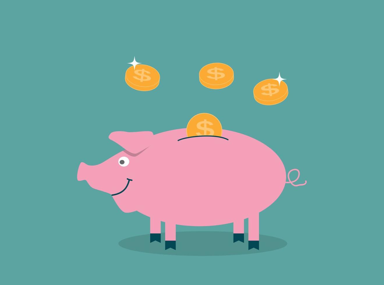 Smiling, pretty pink pig piggy bank with falling coins - Contribution to the Future. Vector Illustration.