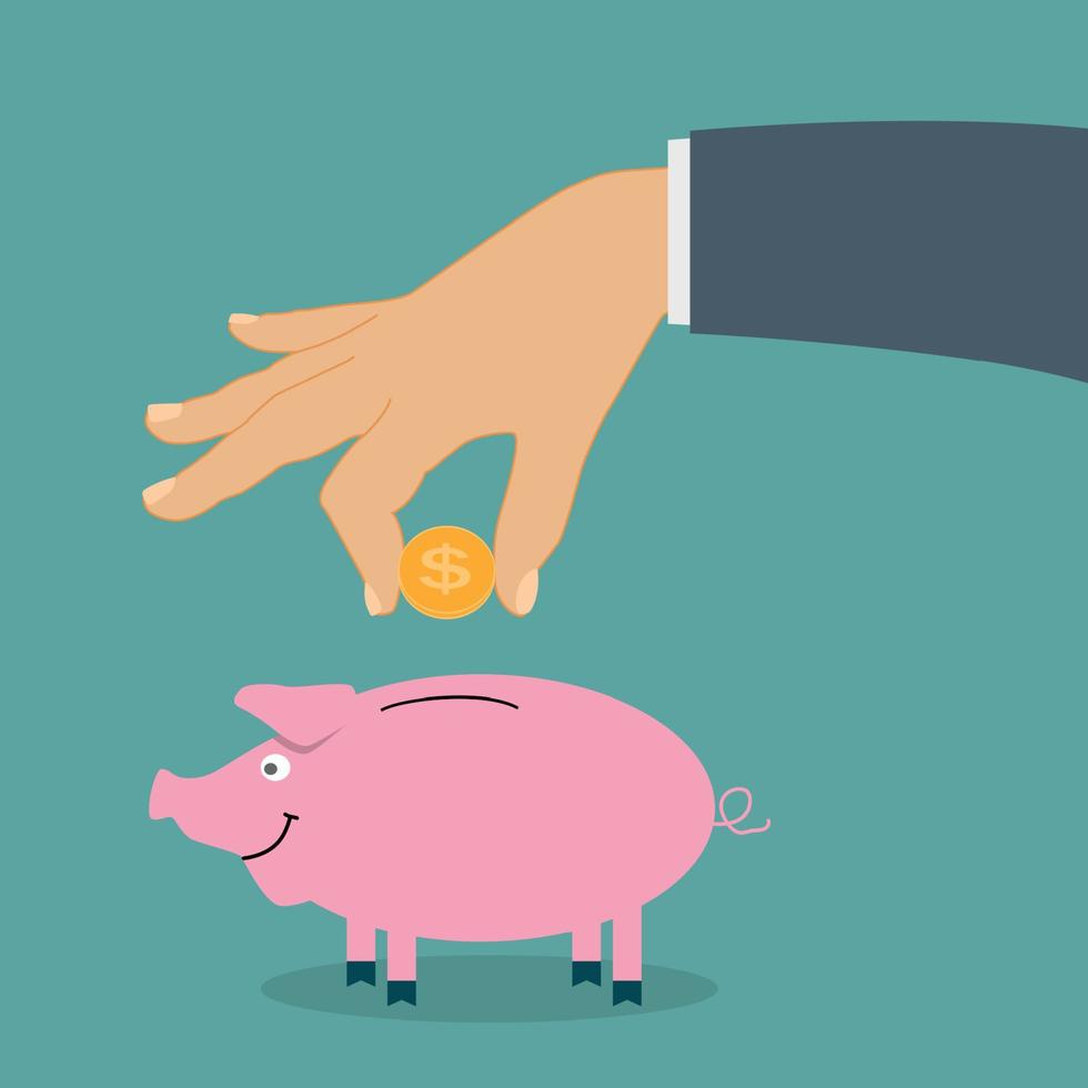 Smiling, pretty pink pig piggy bank with falling coins - Contribution to the Future. Vector Illustration.