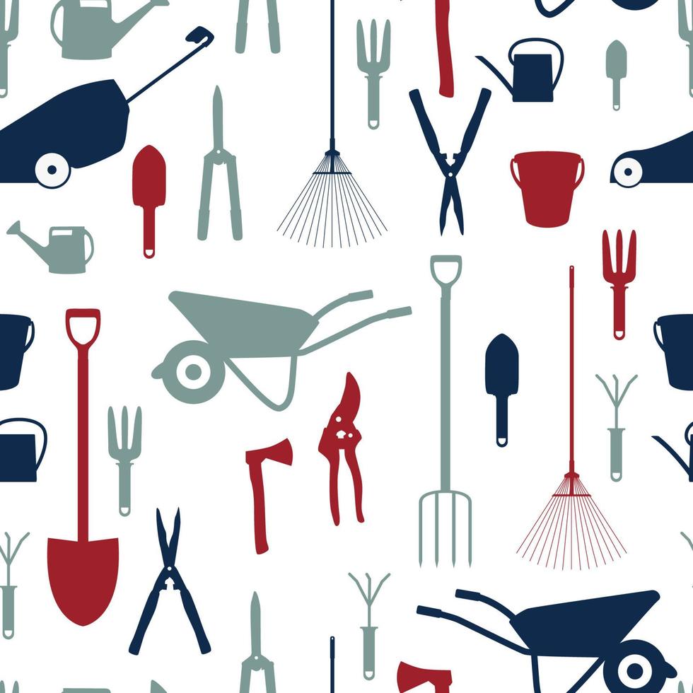 Garden Tools, Instruments Flat Icon Collection Set. Shovel, bucket, rake, secateurs, scissors, wheelbarrow and watering. Seamless Pattern Background vector