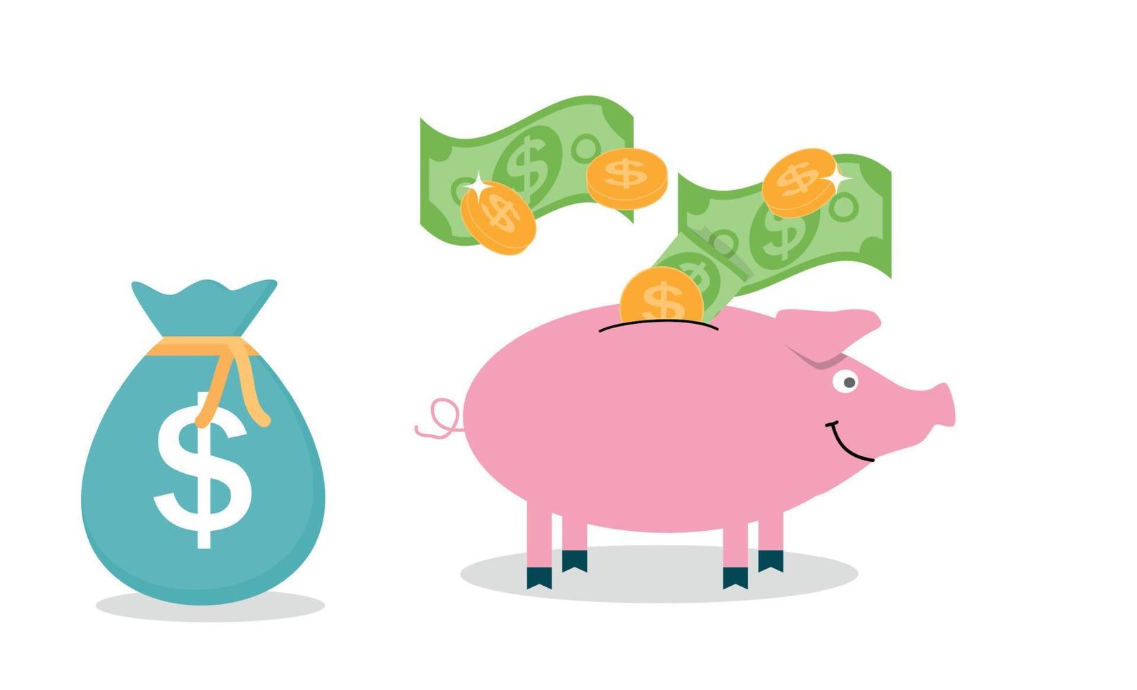 Smiling, pretty pink pig piggy bank with falling coins - Contribution to the Future. Vector Illustration.