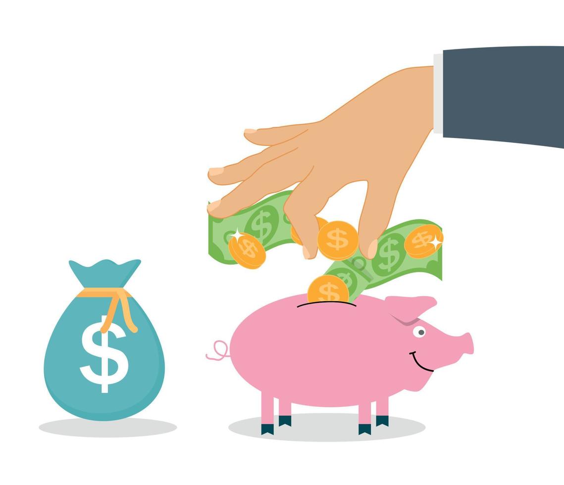 Smiling, pretty pink pig piggy bank with falling coins - Contribution to the Future. Vector Illustration.