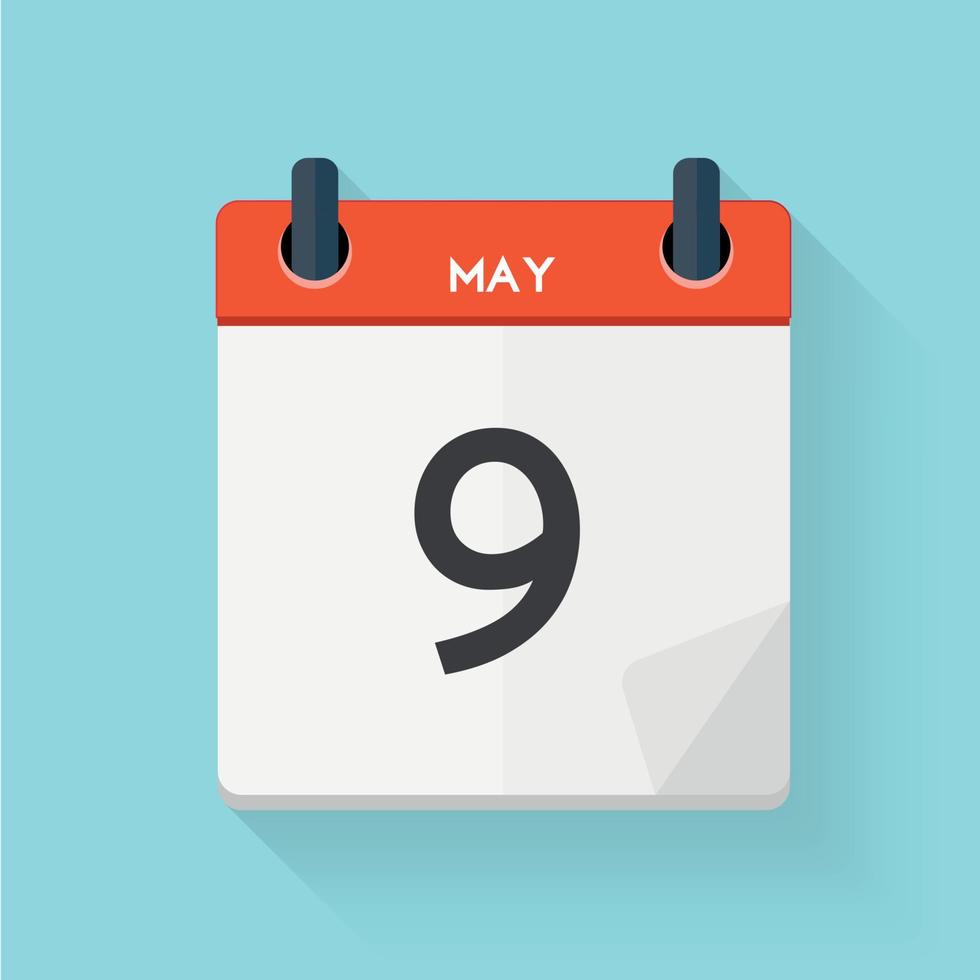 May 9 Calendar Flat Daily Icon. Vector Illustration Emblem. Element of Design for Decoration Office Documents and Applications. Logo of Day, Date, Time, Month and Holiday