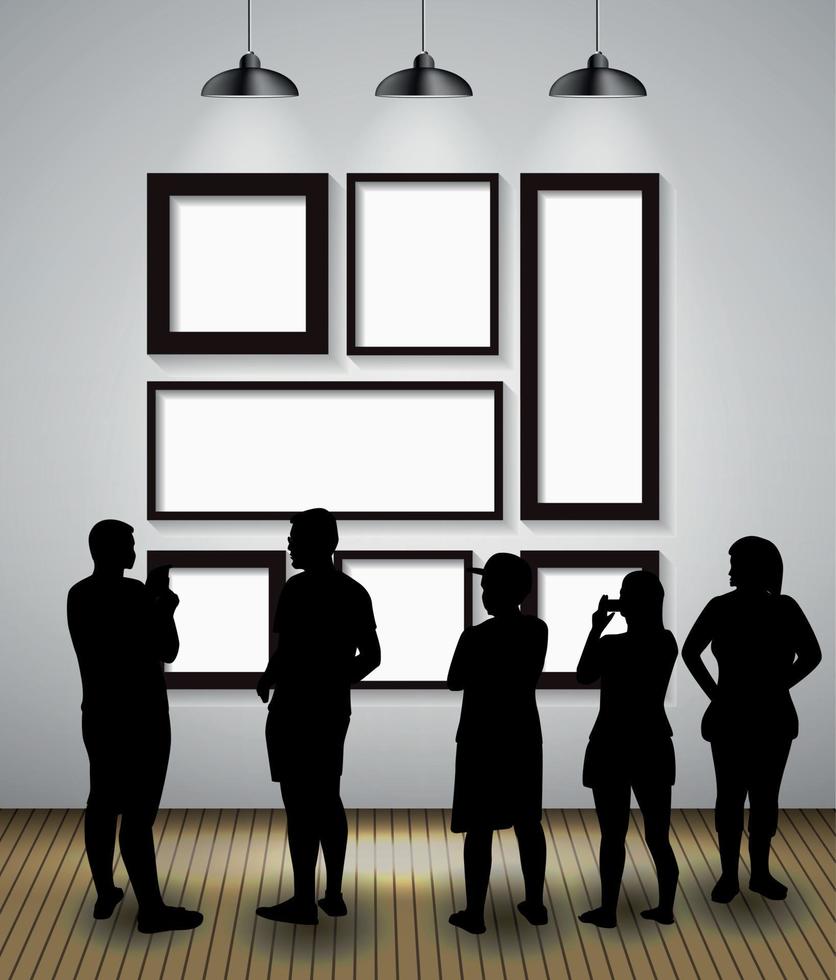 silueta de personas en segundo plano con lámpara de iluminación y marco mire el espacio vacío para su texto, objeto o anuncio. ilustración vectorial. vector