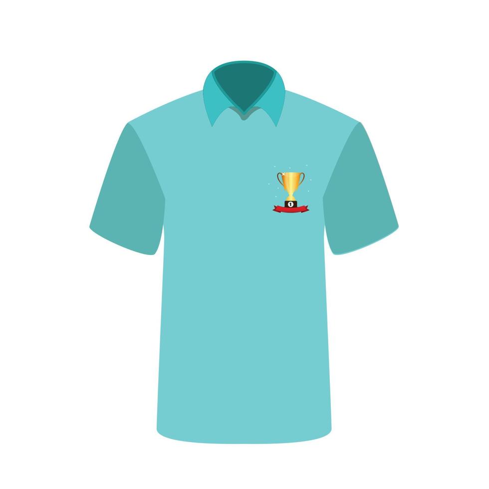 Blue T-shirt with the image of the cup for first place. Vector Illustration.