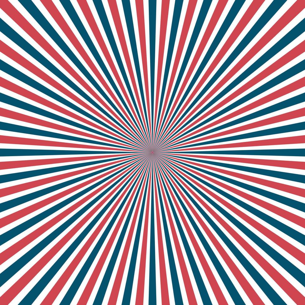 Sun rays striped background in colours of USA flag. Vector Illustration