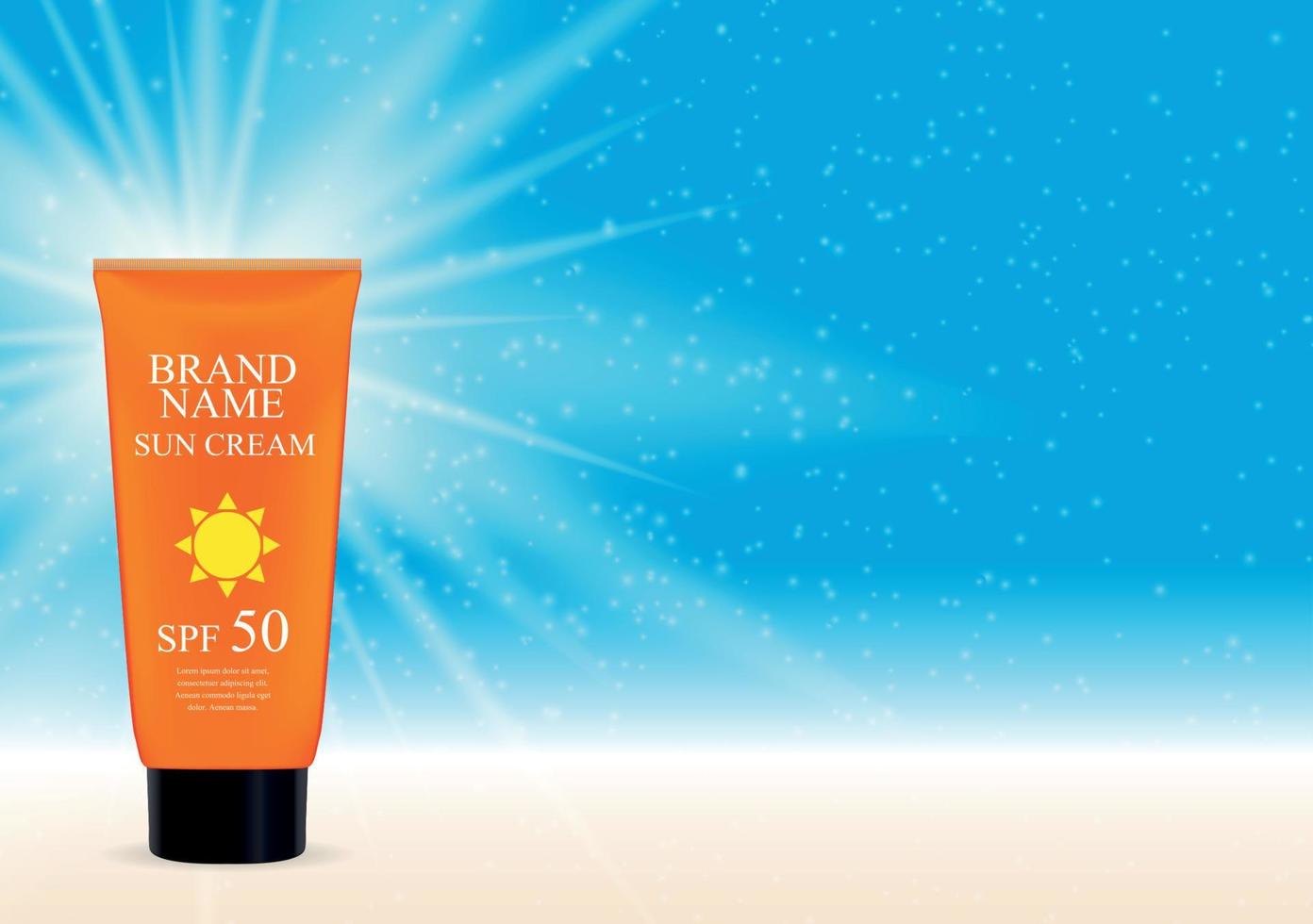 Sun Care Cream Bottle, Tube Template for Ads or Magazine Background. 3D Realistic Vector Iillustration