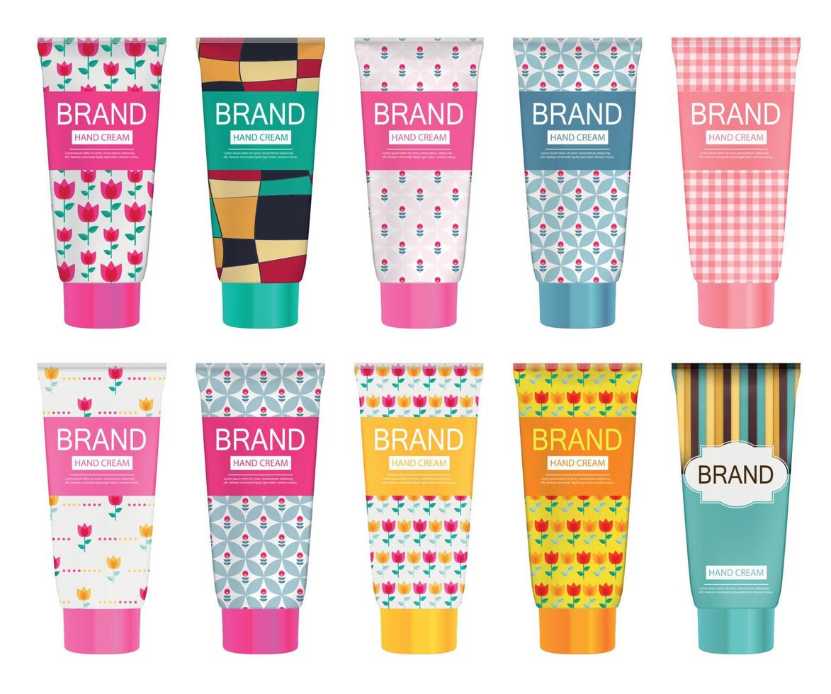 Hand Care Cream Bottle Collection Set, Tube Template for Ads or Magazine Background. 3D Realistic Vector Iillustration