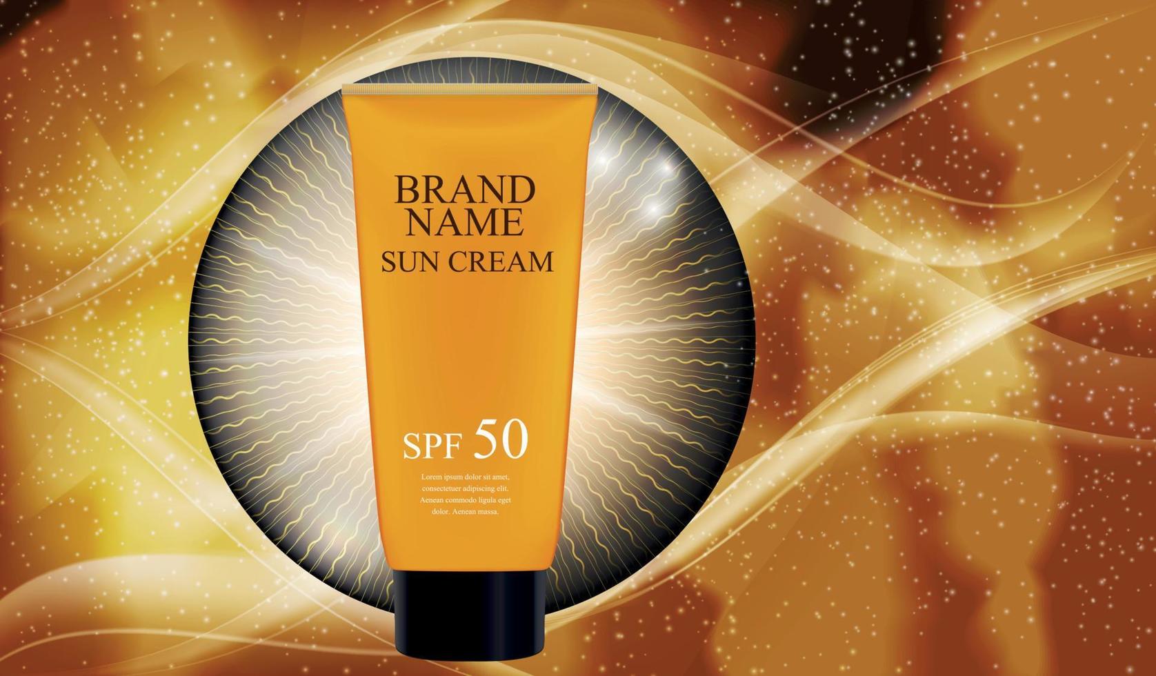 Sun Care Cream Bottle, Tube Template for Ads or Magazine Background. 3D Realistic Vector Iillustration