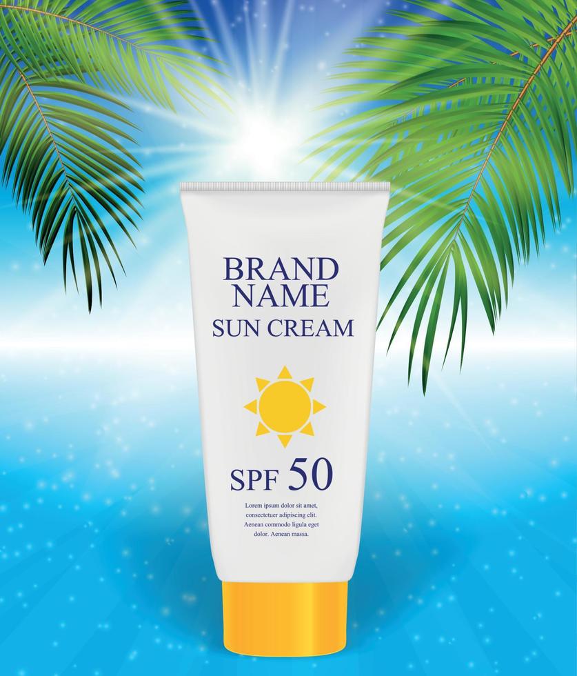 Sun Care Cream Bottle, Tube Template for Ads or Magazine Background. 3D Realistic Vector Iillustration