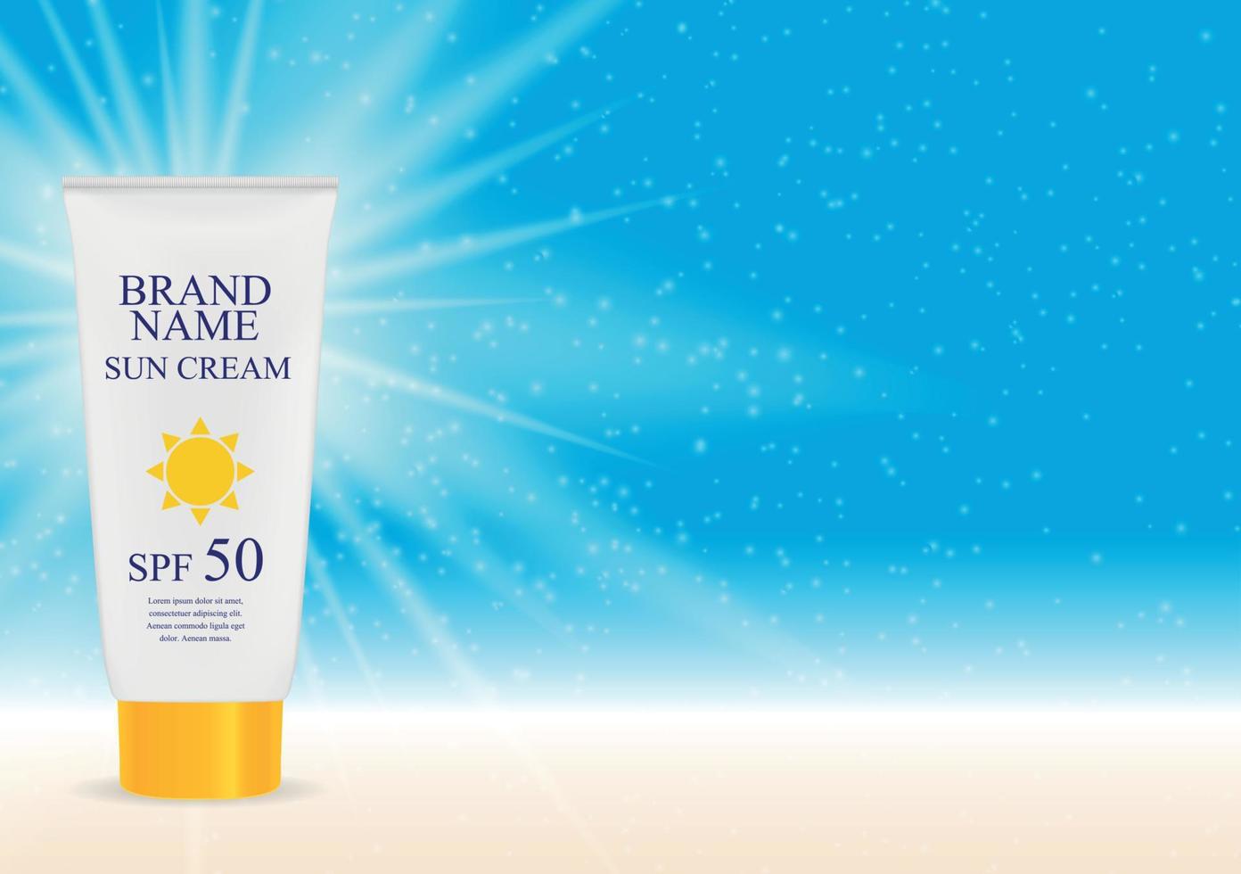 Sun Care Cream Bottle, Tube Template for Ads or Magazine Background. 3D Realistic Vector Iillustration