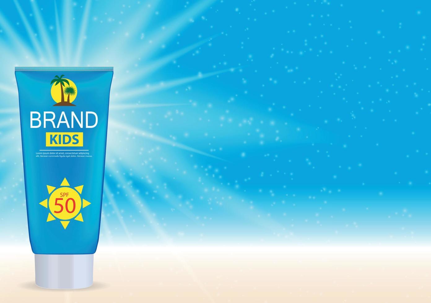 Sun Care Cream Bottle, Tube Template for Ads or Magazine Background. 3D Realistic Vector Iillustration