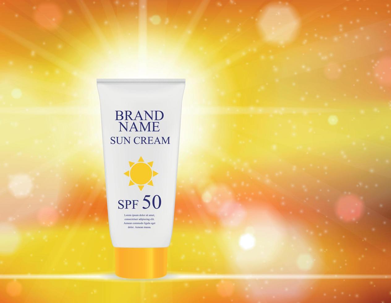 Sun Care Cream Bottle, Tube Template for Ads or Magazine Background. 3D Realistic Vector Iillustration