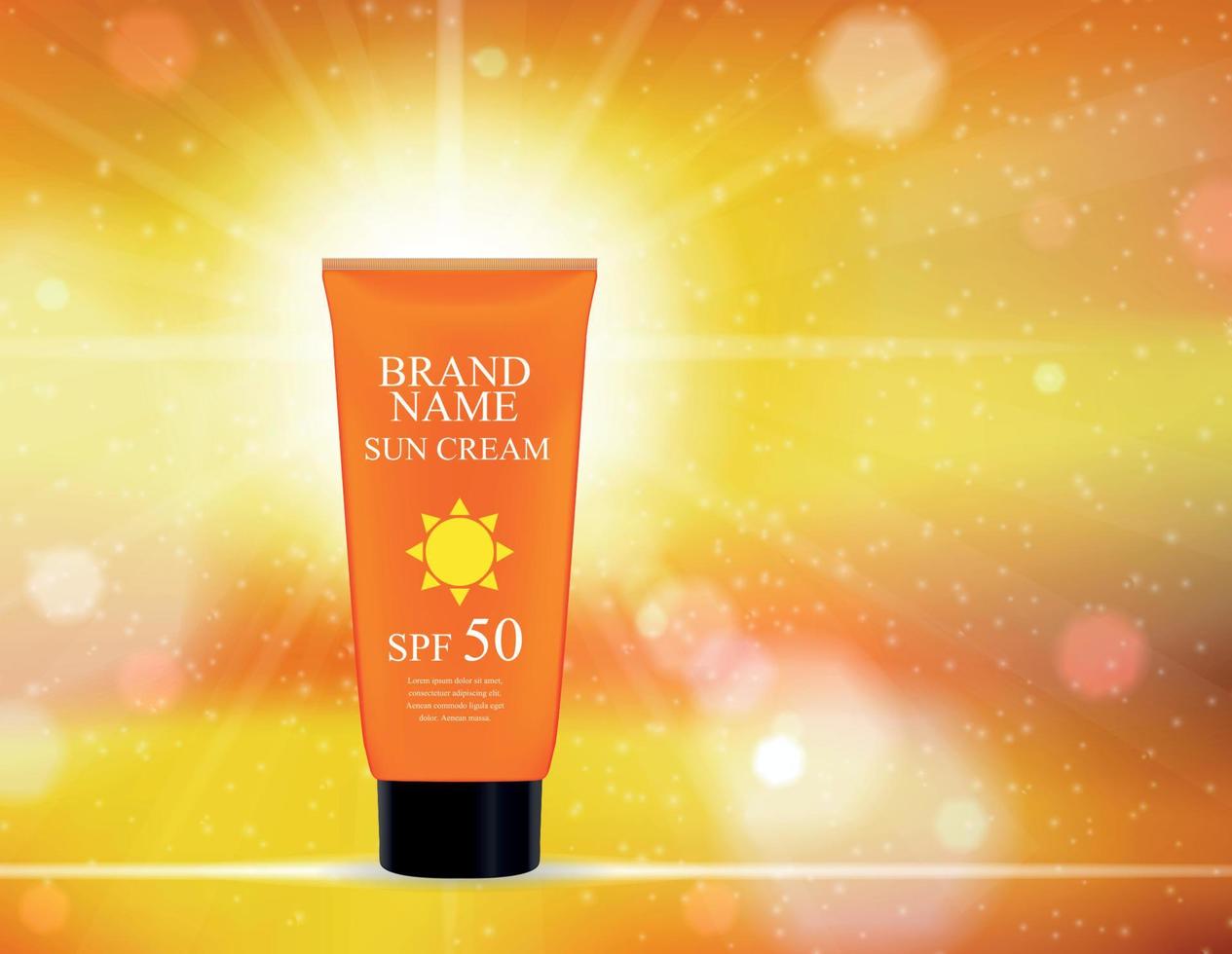 Sun Care Cream Bottle, Tube Template for Ads or Magazine Background. 3D Realistic Vector Iillustration