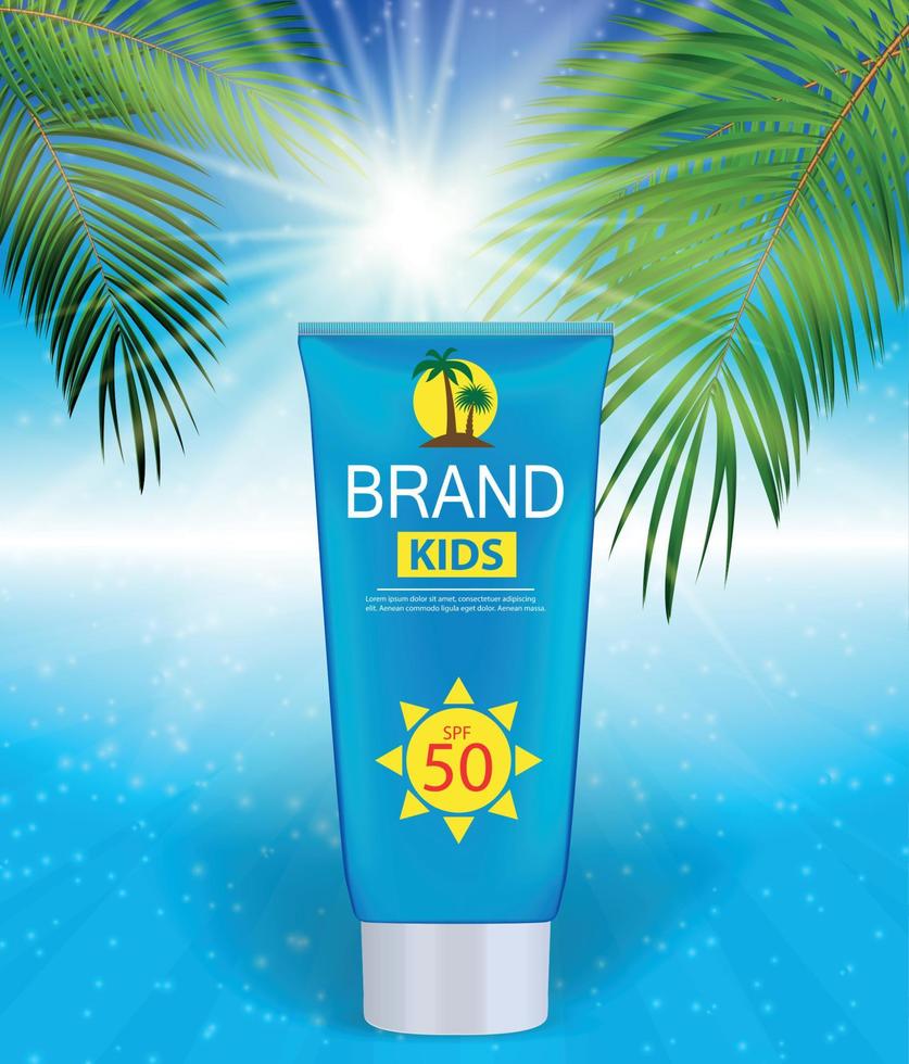 Sun Care Cream Bottle, Tube Template for Ads or Magazine Background. 3D Realistic Vector Iillustration
