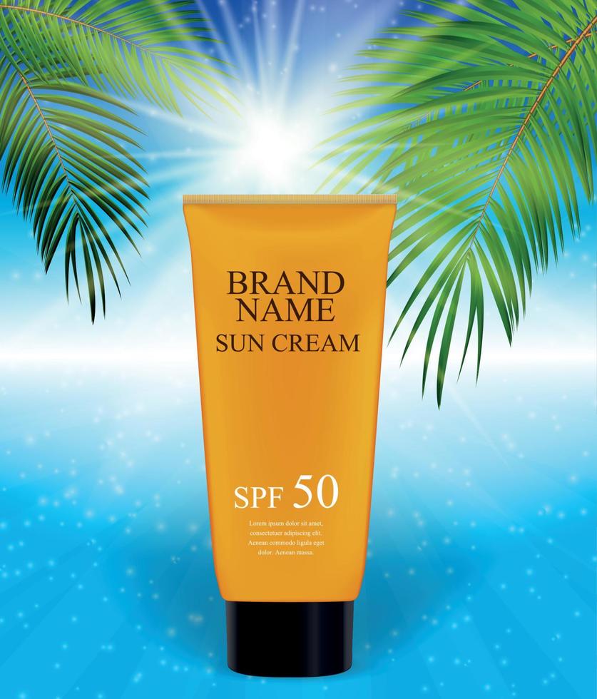 Sun Care Cream Bottle, Tube Template for Ads or Magazine Background. 3D Realistic Vector Iillustration