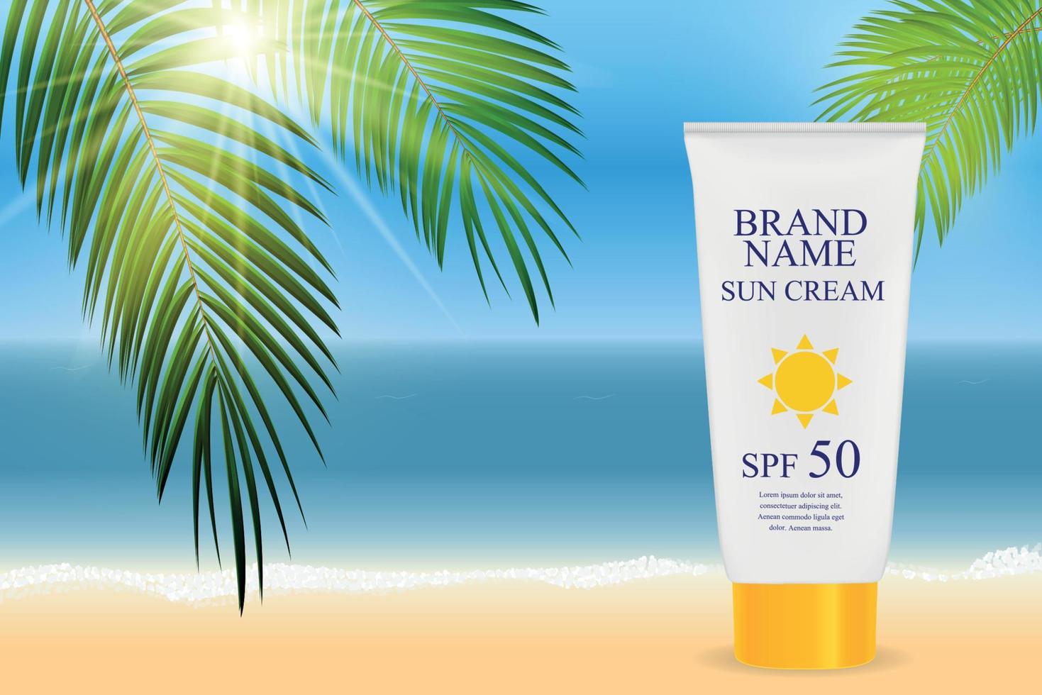 Sun Care Cream Bottle, Tube Template for Ads or Magazine Background. 3D Realistic Vector Iillustration