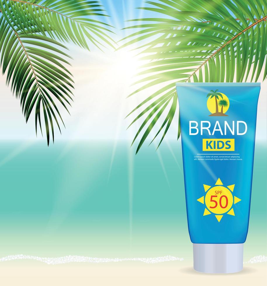 Sun Care Cream Bottle, Tube Template for Ads or Magazine Background. 3D Realistic Vector Iillustration