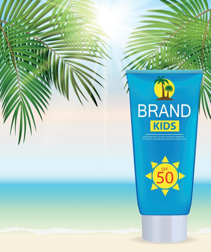 Sun Care Cream Bottle, Tube Template for Ads or Magazine Background. 3D Realistic Vector Iillustration