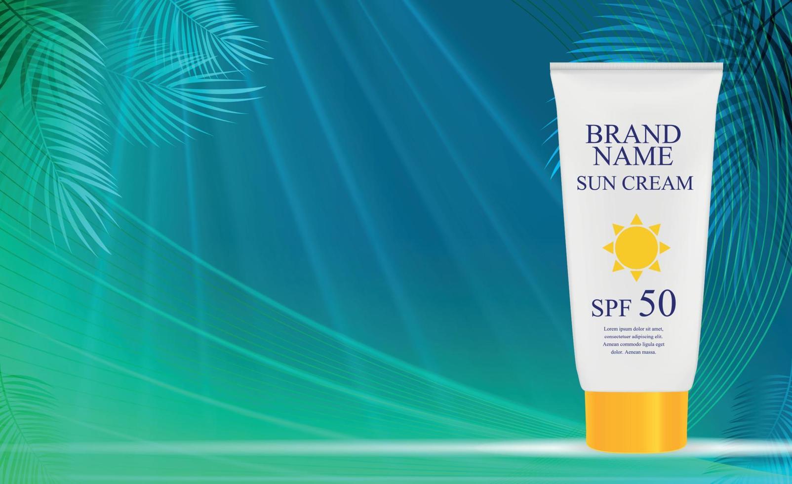 Sun Care Cream Bottle, Tube Template for Ads or Magazine Background. 3D Realistic Vector Iillustration