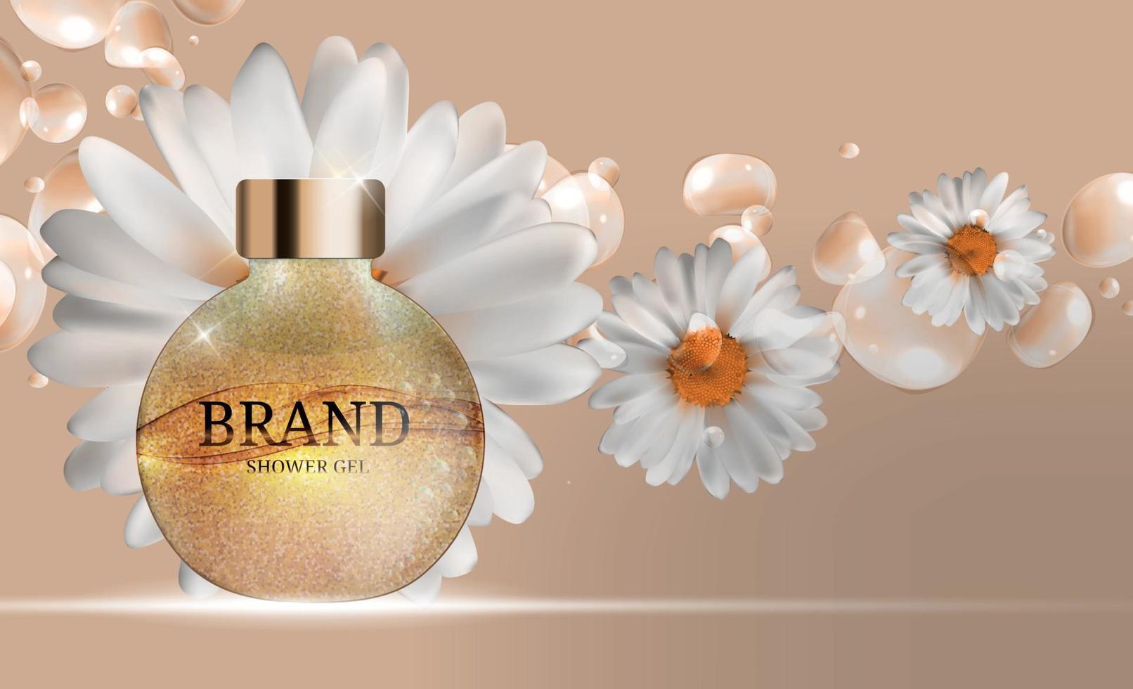 Shower Gel Bottle Template for Ads or Magazine Background. 3D Realistic Vector Iillustration