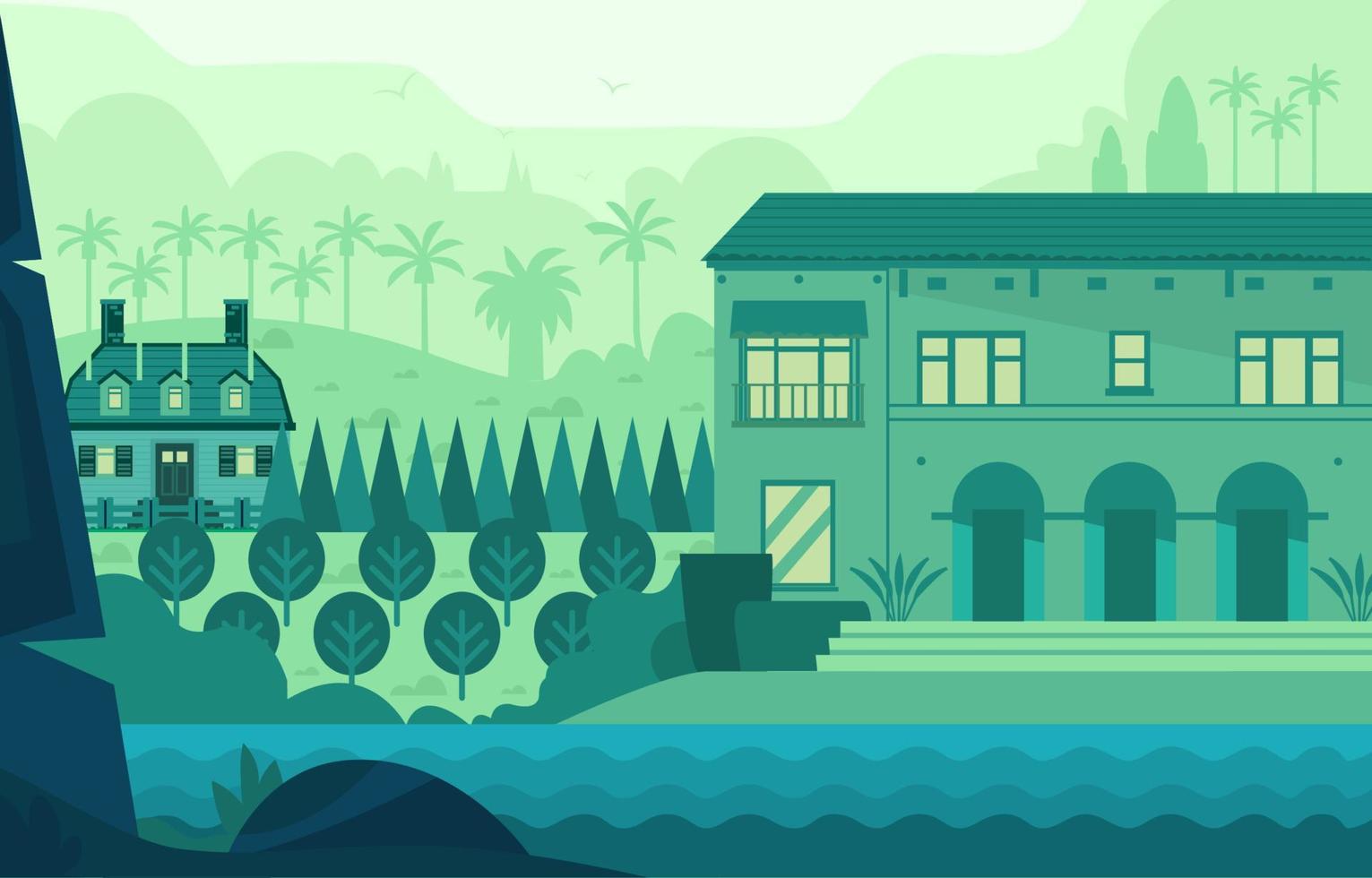House By The River With Forest Background Concept vector