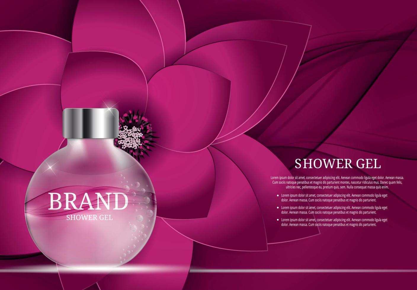 Shower Gel Bottle Template for Ads or Magazine Background. 3D Realistic Vector Iillustration