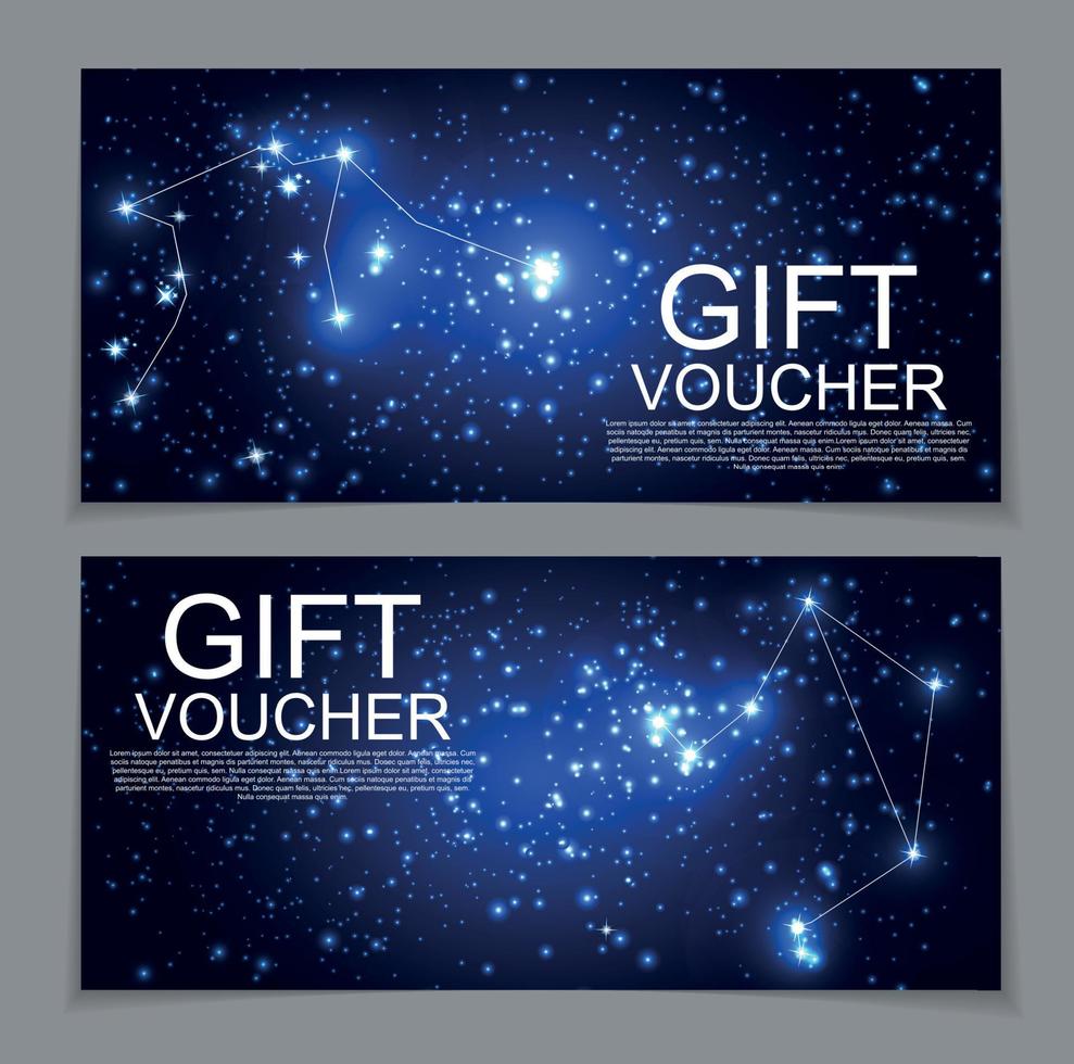 Gift Voucher Template with Set of Symbol Zodiac Sign. Discount Coupon. Vector Illustration.